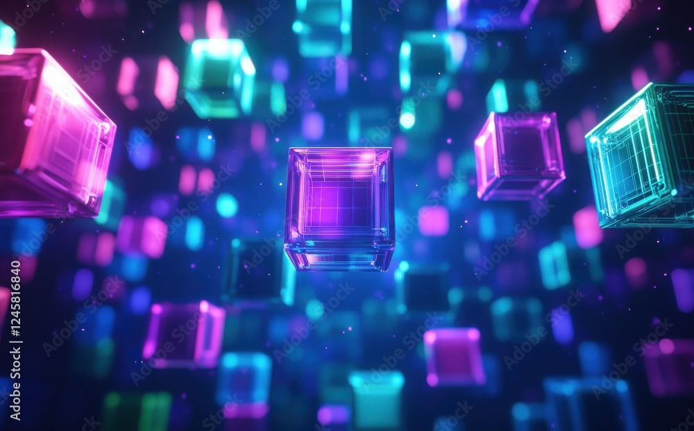 Poster futuristic abstract digital cubes in vibrant colors with glowing effects and light reflections for t