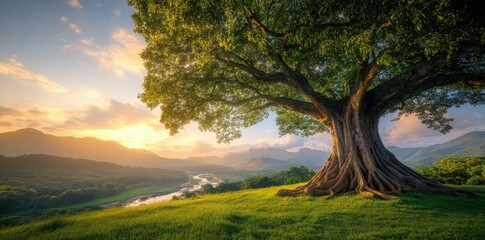 Majestic Tree at Golden Hour: A Serene Landscape