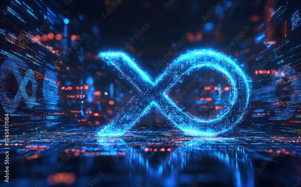 Poster futuristic blue infinity symbol with glowing particles and data streams in a high-tech digital envir