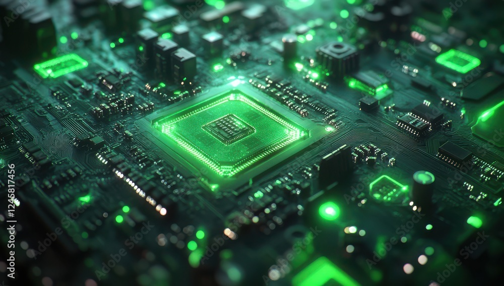 Poster futuristic close-up of a glowing circuit board with green lights and intricate electronic components