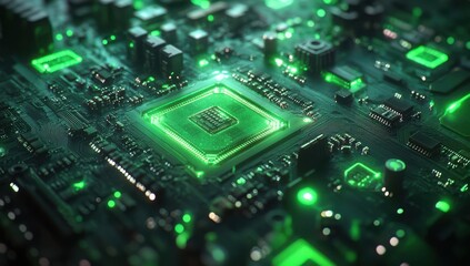 Fototapeta premium Futuristic close-up of a glowing circuit board with green lights and intricate electronic components showcasing advanced technology and digital design elements