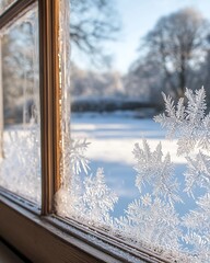 Frosty windowpane, winter garden view, sunlight, snow