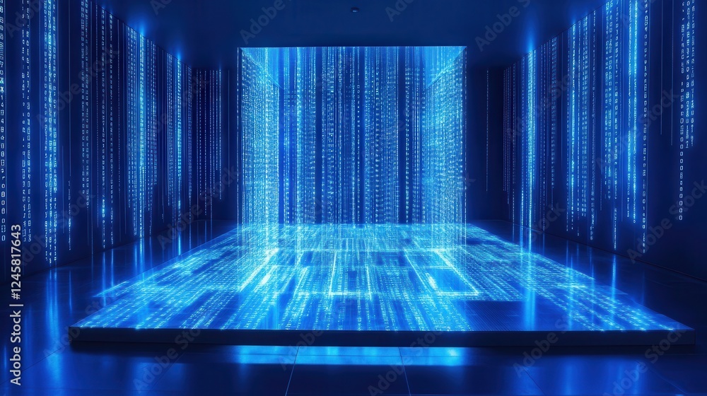 Poster futuristic digital environment with flowing blue data streams