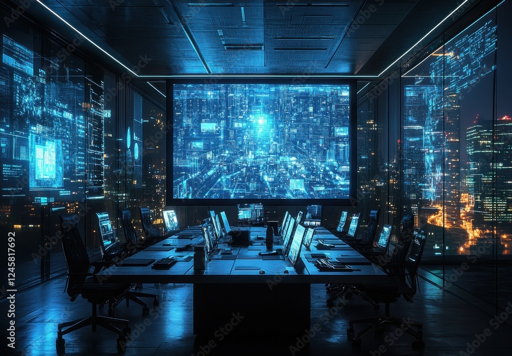 Poster futuristic command center with glowing screens and city skyline at night, showcasing advanced techno