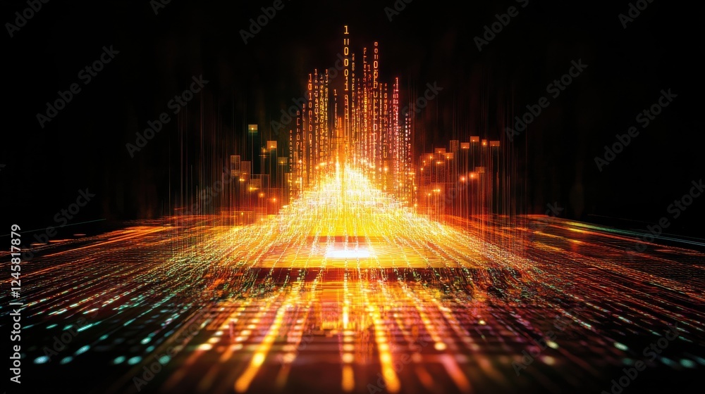 Poster vibrant data flow with bright binary code and light trails
