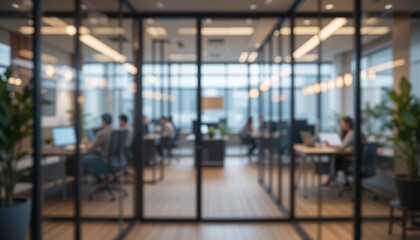 modern glass walled office with professionals working in a collaborative environment natural light blurred background 