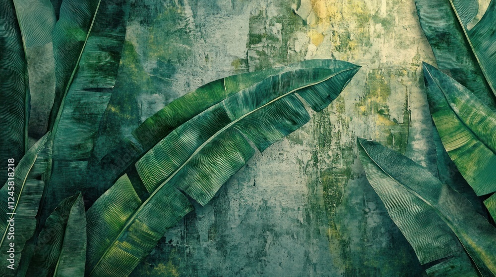 Poster contemporary leaf pattern with paper effect texture featuring vibrant green leaves and subtle hints 
