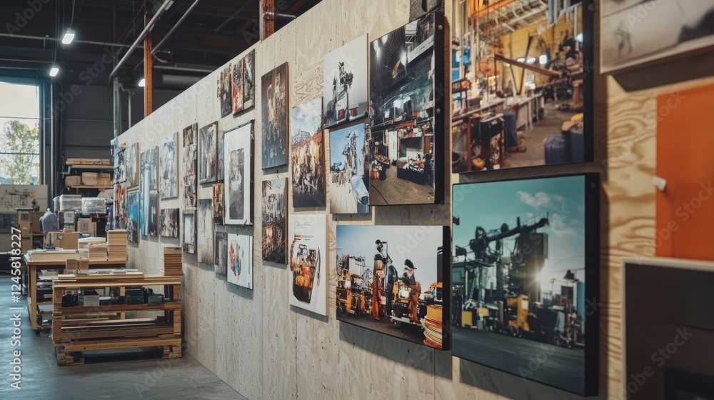 Poster a factory wall adorned with photos of local suppliers and collaborative projects, highlighting commu