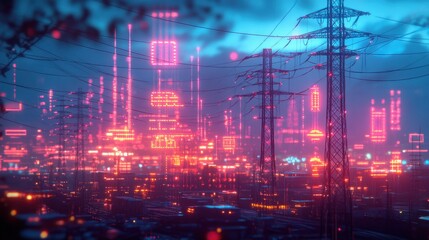 Futuristic Cityscape with Neon Lights at Dusk and Power Lines