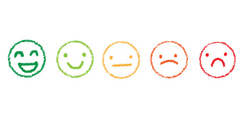Crayon face emotion customer satisfaction survey service doodle faces set. Happy angry avatar sketches.