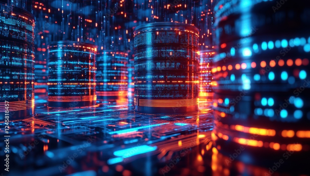 Poster futuristic data storage concept featuring vibrant blue and orange lights with digital binary pattern