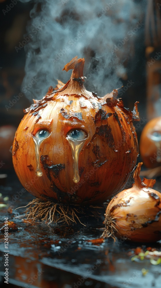 Poster surreal macro of onion with humanlike eyes tears flowing as it chops a smaller onion the warmth of t