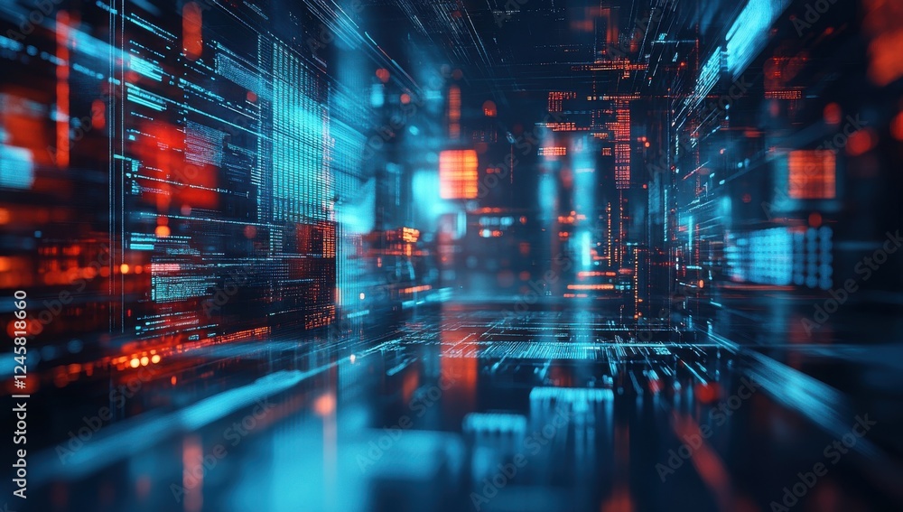Poster futuristic digital abstract background with neon lights, data streams, and high-tech elements in a s