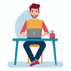 a man is sitting on the table with his laptop