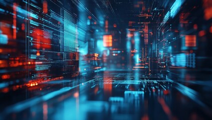 Obraz premium Futuristic Digital Abstract Background with Neon Lights, Data Streams, and High-Tech Elements in a Sci-Fi Environment for Technology and Innovation Concepts