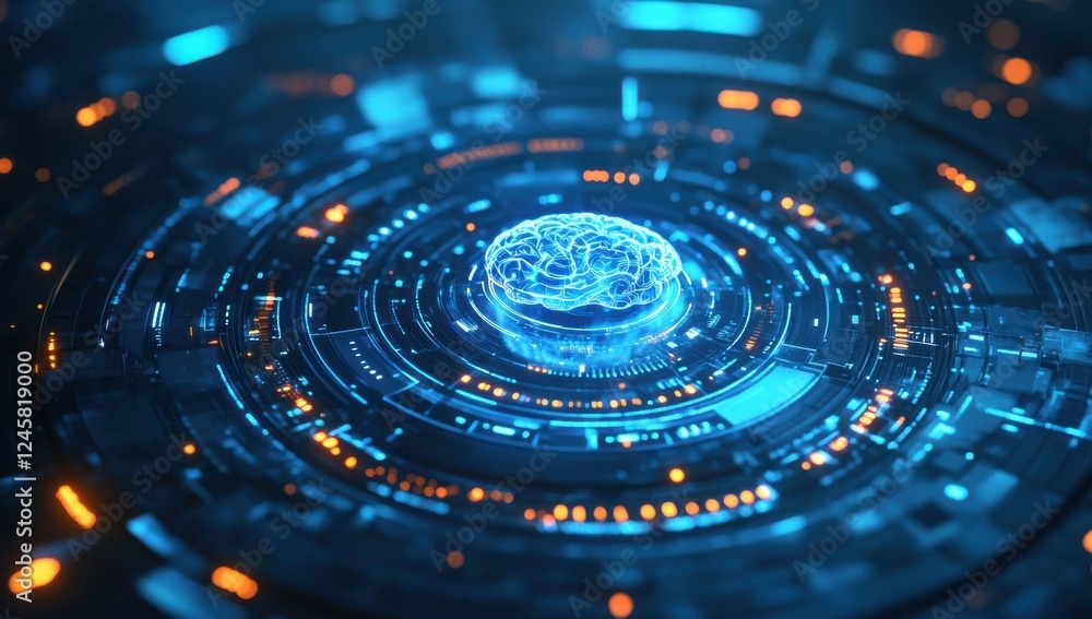 Poster futuristic digital brain surrounded by glowing circuits and lights, representing artificial intellig