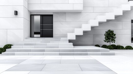 Obraz premium Modern house exterior, stairs, entrance, landscaping, real estate