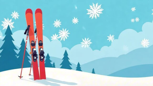 Skis stuck in the snow and ski poles appear against the background of snowy mountains and fir trees, large flakes of snow fall from above. the concept of a ski resort, skiing and snowboarding, and ext