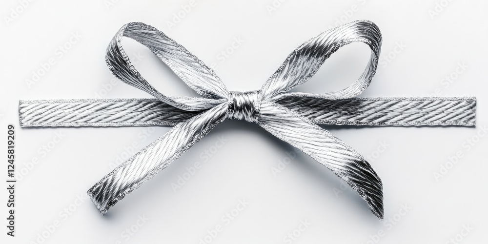 Poster Elegant silver ribbon bow centered on a plain white background with textured detailing on the ribbon creating a classic and sophisticated aesthetic.