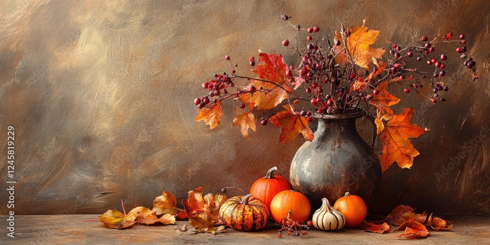 Poster autumn still life with vibrant orange pumpkins and red foliage in a rustic setting on a wooden table