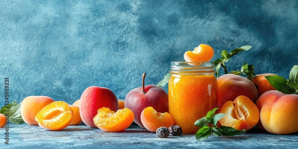 Poster vibrant apricot jam jar surrounded by ripe fresh apricots and peaches on a textured blue background 