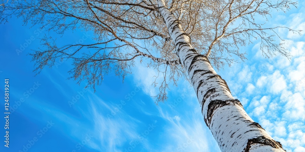 Poster Silver birch tree trunk with white bark rises against a vivid blue sky with wispy clouds ideal for versatile designs featuring ample copy space