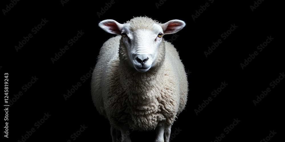 Poster Isolated white sheep centered against a solid black backdrop with subtle lighting highlighting its textured wool and expressive eyes.