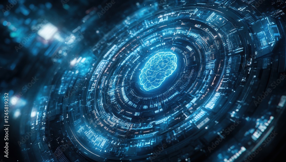 Poster futuristic digital brain with glowing circuits surrounded by data streams in a high-tech conceptual 