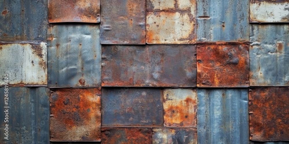 Poster rusty metal surface with a mosaic of bluish-gray and reddish-brown tones, featuring a textured patte