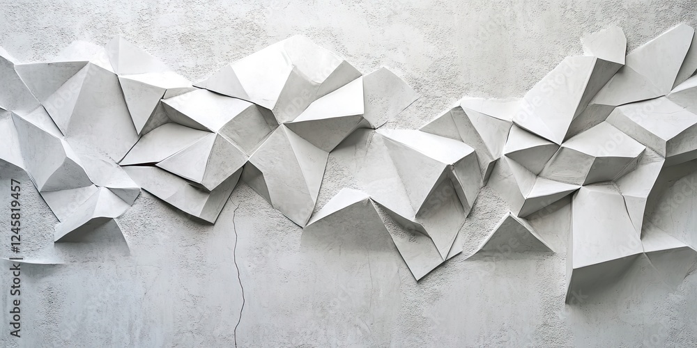 Poster abstract geometric white paper sculptures arranged dynamically against a textured gray wall creating