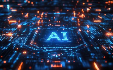 Obraz premium Futuristic Digital Circuit Board with AI Technology Concept Represented by Glowing Neon Lights and Complex Patterns in a High-Tech Environment