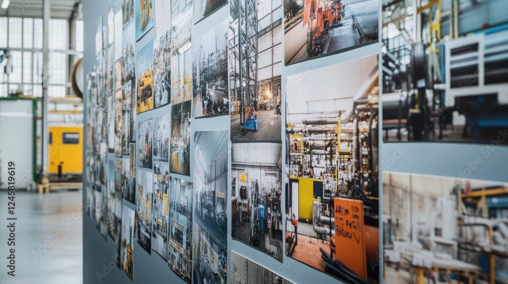 Aufkleber a factory wall featuring photographs of local suppliers and joint manufacturing projects, illustrati