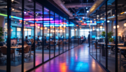 modern co-working office space with glass walls and vibrant neon lighting at night blurred background 