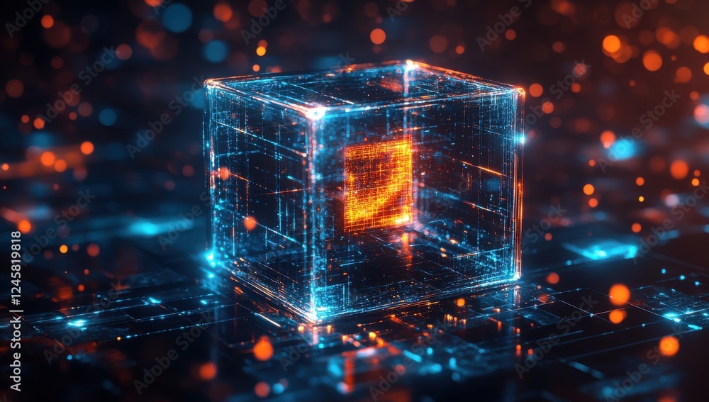 Poster futuristic digital cube emitting glowing lights and holographic effects, representing data processin