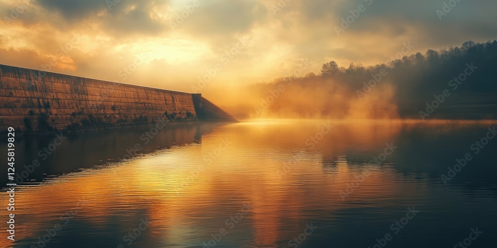 Poster sunset over tranquil water reflecting golden and orange hues with fog rolling in and a dam structure
