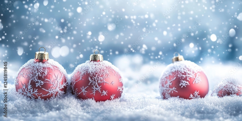 Poster red christmas balls dusted with snow on a white snow blanket under softly falling snowflakes, creati
