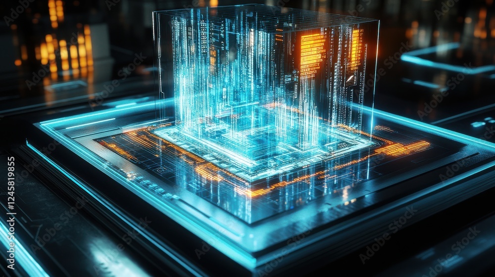 Poster futuristic data cube displaying 3d digital information interface