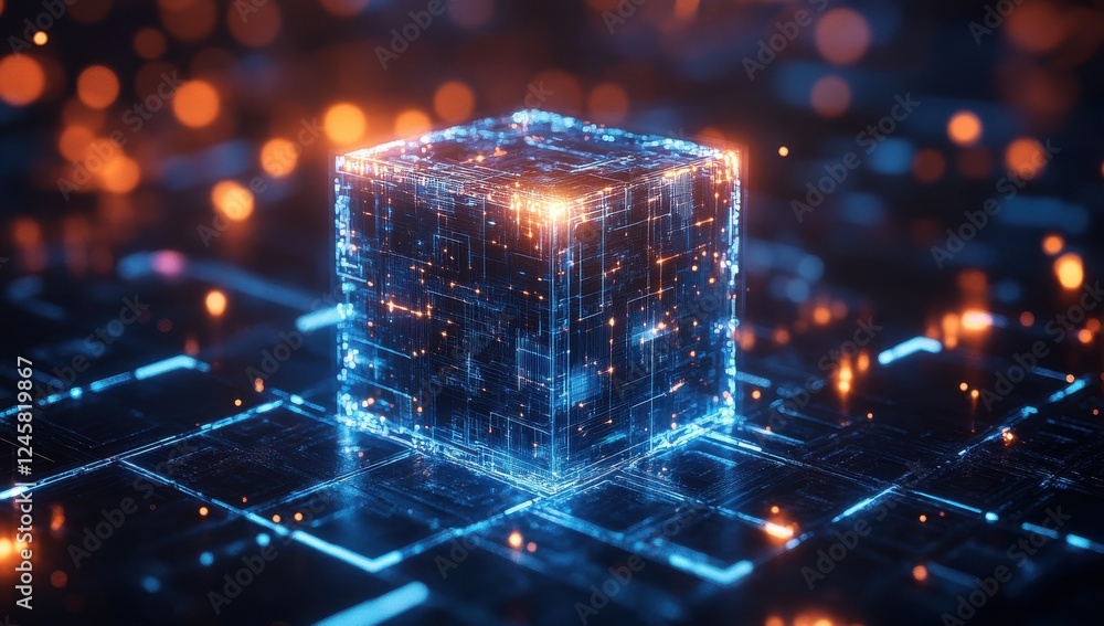 Poster futuristic digital cube on circuit background with glowing lights and tech grid elements in a high-t