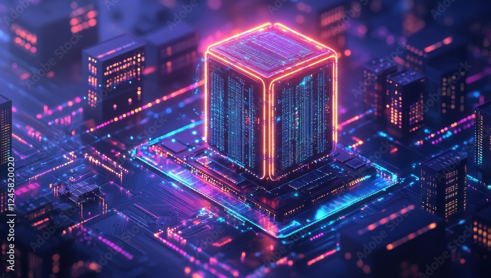 Poster futuristic digital data center with neon lights and block structures surrounded by cityscape at nigh
