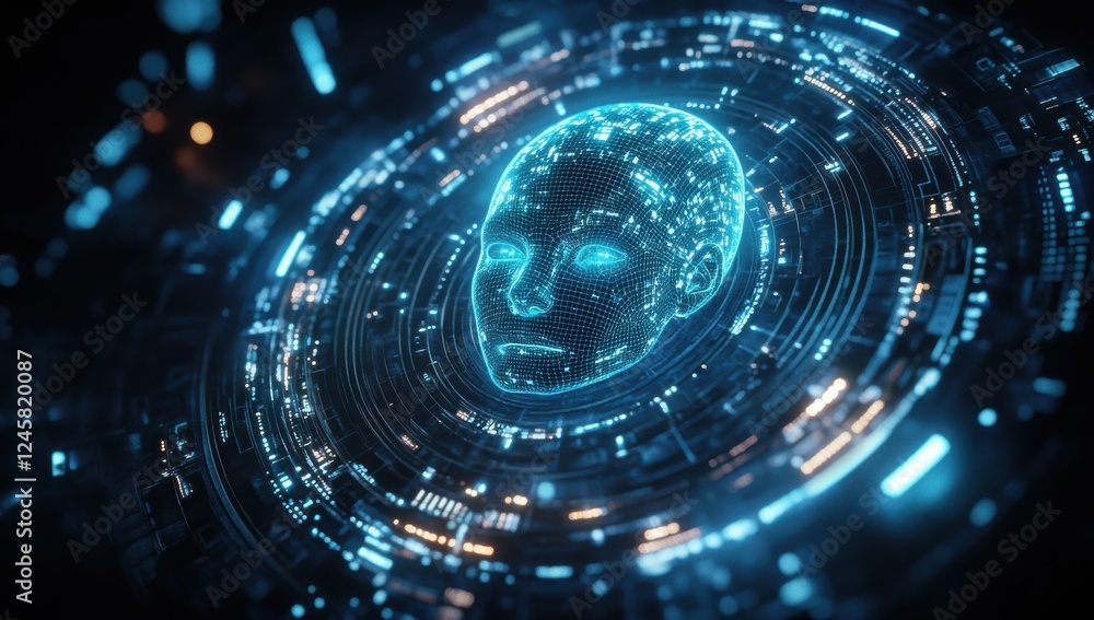 Poster futuristic digital face representation with glowing lines and circles, symbolizing advanced technolo
