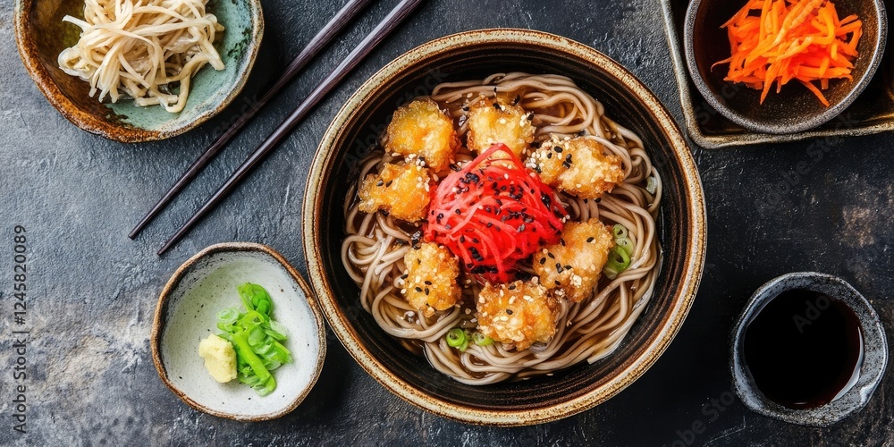 Poster soba noodles nestled in a deep bowl topped with red pickled ginger and kakiage, accompanied by side 