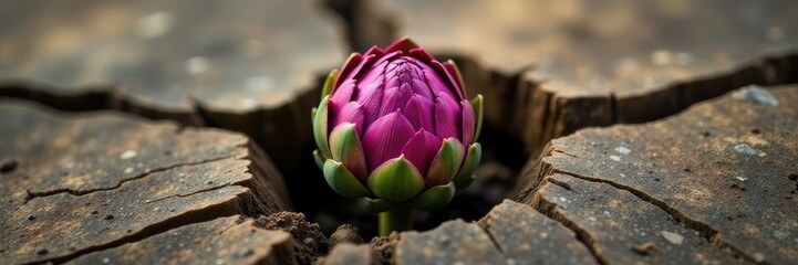 Obraz premium Artichoke growing through cracks in textured wood, earthy, plant