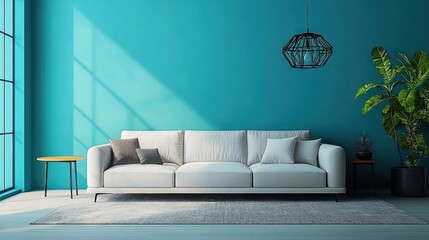 Modern Minimalist Living Room with Gray Sofa and Turquoise Wall