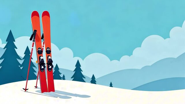 Orange skis with poles stuck in the snow smoothly move away and approach against the background of falling snow, mountains and fir trees in a constant smooth movement. The concept of a ski resort, ski