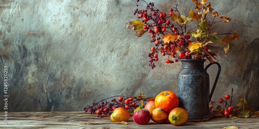 Aufkleber rustic autumn still life featuring a metal pitcher with colorful apples and vibrant foliage on a tex