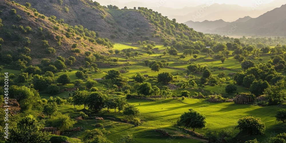 Poster lush green valley landscape with rolling hills under soft golden sunlight casting long shadows on vi