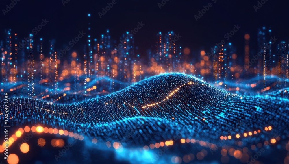Poster futuristic digital landscape featuring glowing particles and wave patterns in vibrant blue and orang