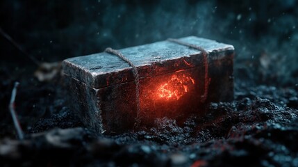 The image captures a glowing ancient box, bound by twine, surrounded by wisps of smoke, evoking curiosity and intrigue about its origin and the secrets it may hold within.