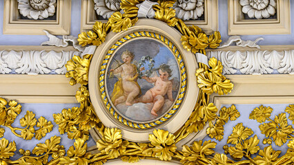 Ancient decoration in the ceiling of the Royal Palace(1738-1755) lobby, Madrid, Spain