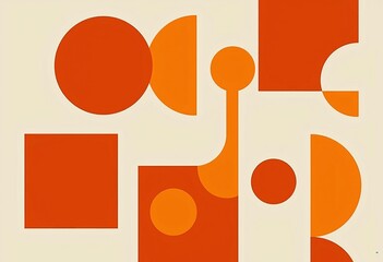 Retro Geometric Art: Orange Circles & Squares Poster in Mid-Century Modern Style, Cream Background, Abstract Asymmetrical Design for Modern Spaces


